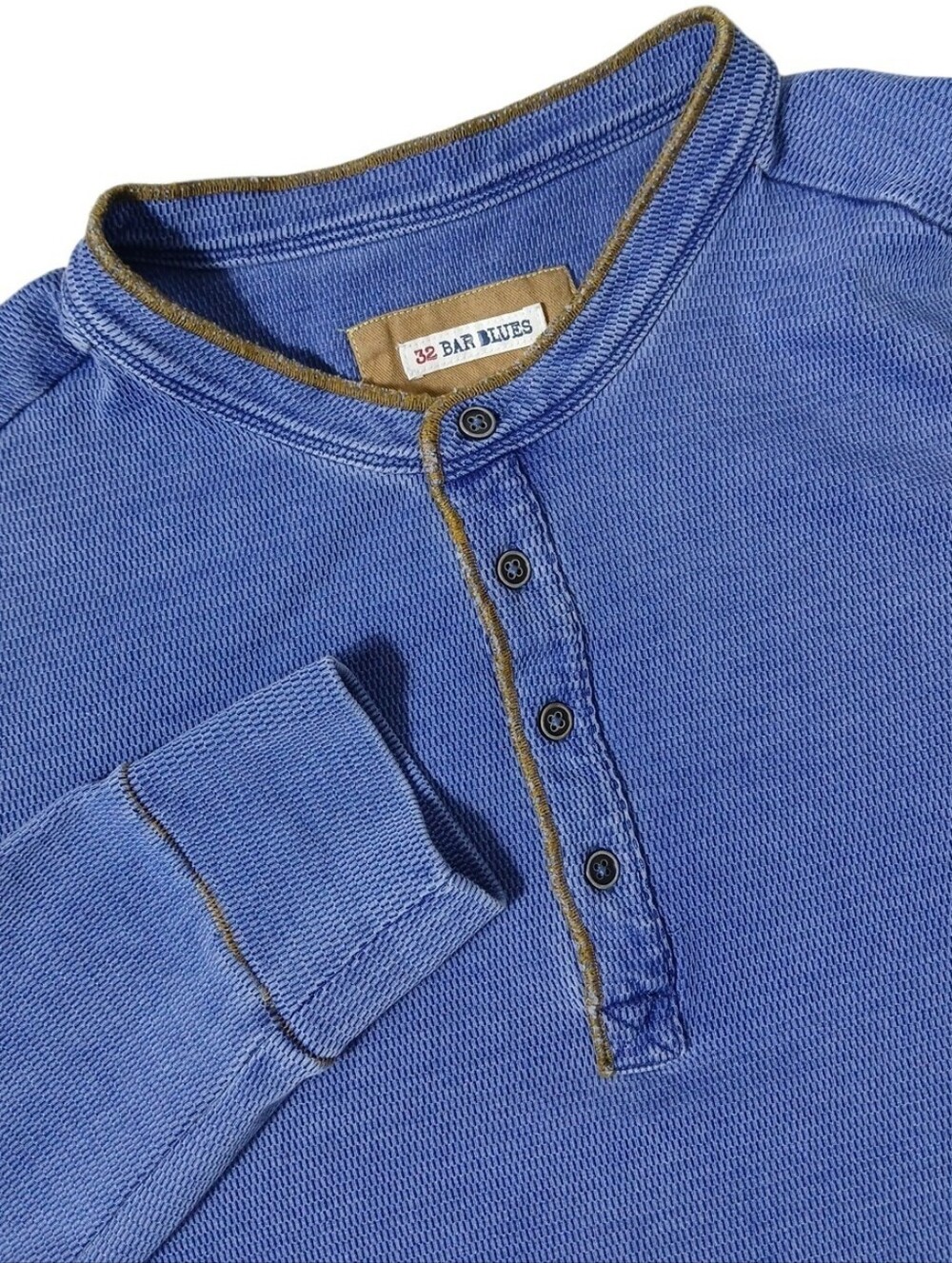 32 BAR BLUES"The Blues Overtook Me" Long Sleeve Indigo Henley Blue Mens Large